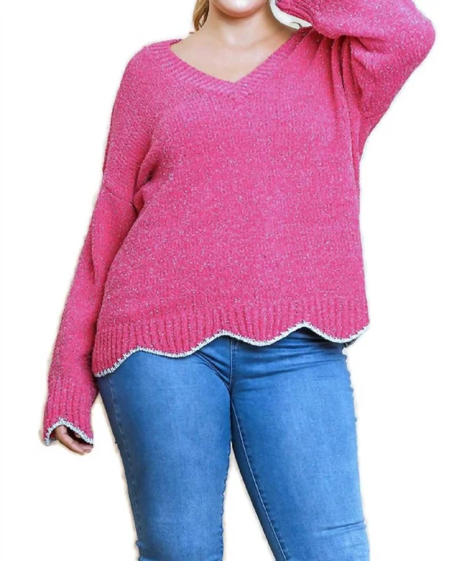 Zig Zag Pullover Sweater In Hot Pink Solid Print Embellished