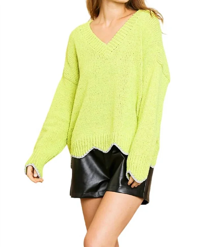 Zig Zag Pullover Sweater In Lime Mesh Blend Leather Blend Suede Blend