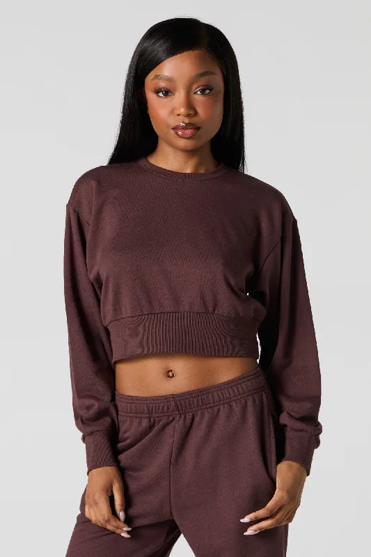 Crewneck Cropped Sweatshirt Hoodie with Exposed Zipper Edgy Industrial