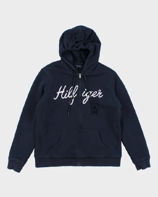 00s Tommy Hilfiger Navy Fleece Lined Hoodie - L Hoodie with Stripes Bold Sporty