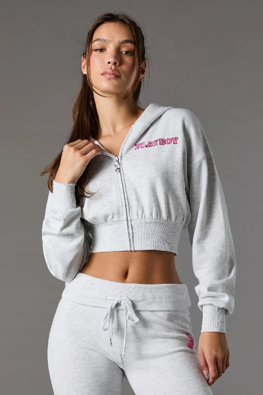 Playboy Graphic Cropped Zip-Up Fleece Hoodie Hoodie with Frayed Bohemian Relaxed