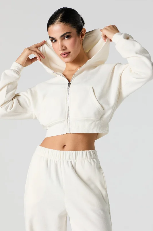 Solid Fleece Cropped Zip-Up Hoodie Hoodie with Embroidery Detailed Premium