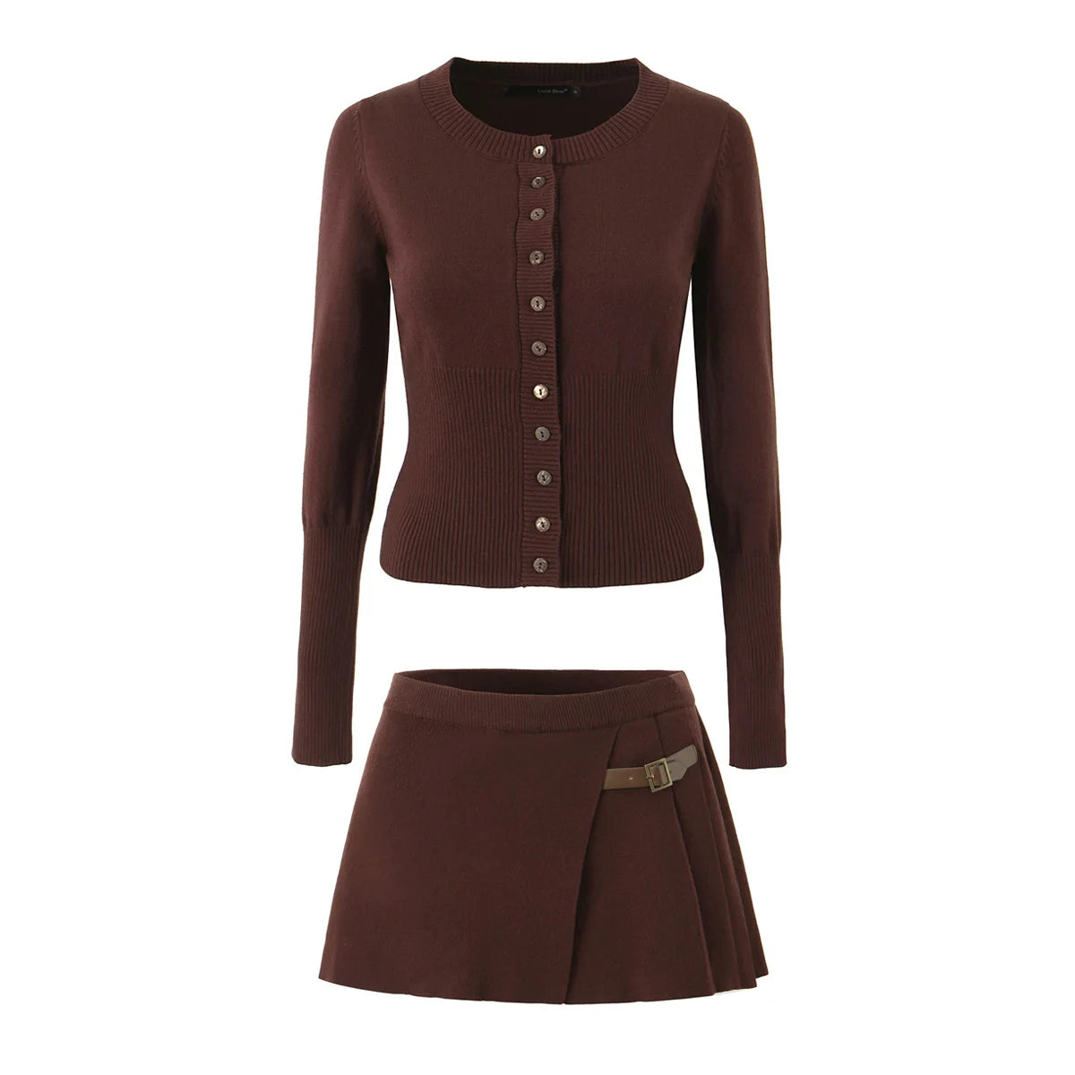 A&A Knitted Crew Neck Cardigan And  Waist Pleated Slit Hem Mini Skirt Set velvet skirt plush