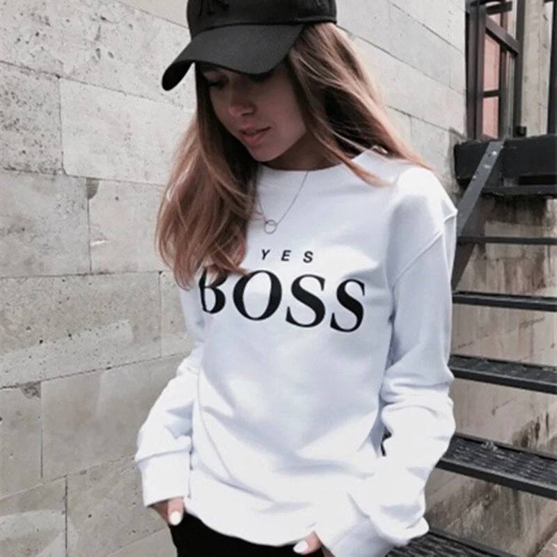 2019 Autumn Winter Clothes Sweatshirt Women YES BOSS Letter Sweat Femme Capuche Bluza Damska Bluzy Damskie Busos Para Mujer Hoodie with Mock Neck Collared Structured