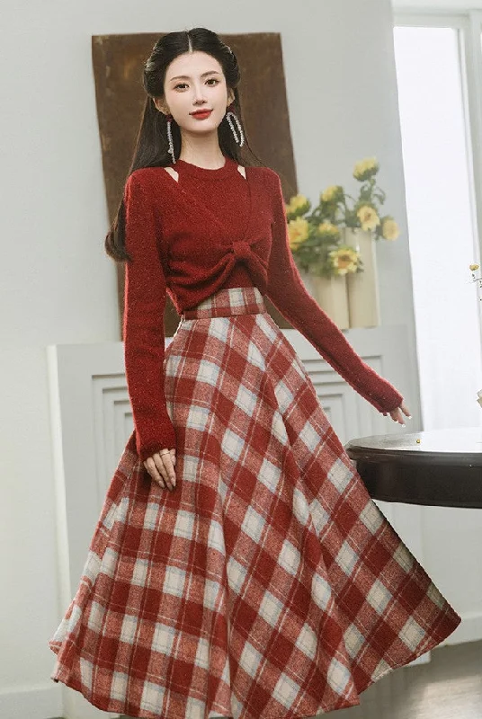 Academia Knit Top Plaid Skirt Set velvet skirt rich