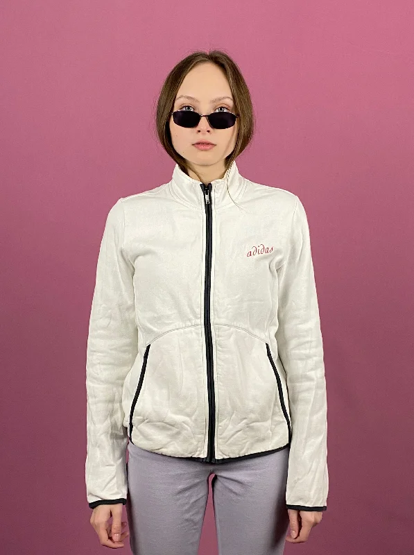 Adidas Vintage Women's Full Zip Sweatshirt - M White Cotton Hoodie with Slit Hem Functional Movement