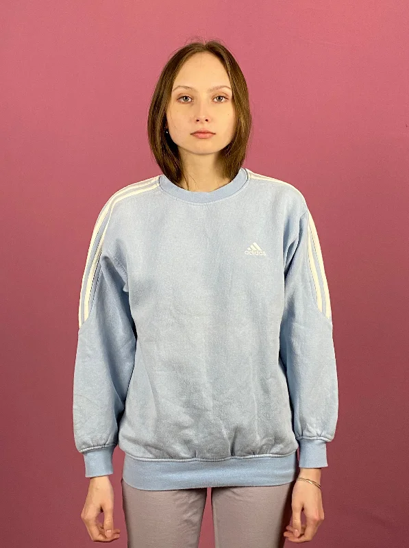Adidas Vintage Women's Sweatshirt - S Blue Cotton Blend Hoodie with V-Neck Classic Versatile