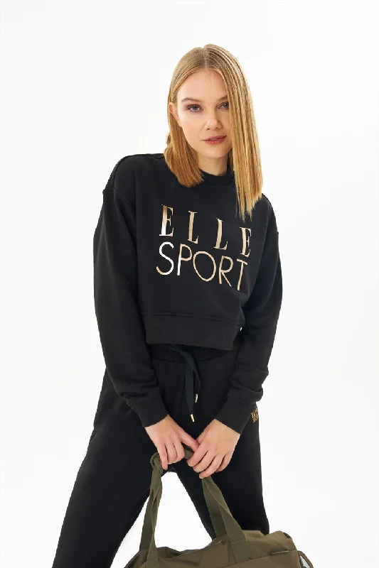 Angelino Sport Black Gilded Woman Crop Sweatshirt Hoodie with Print Artistic Unique