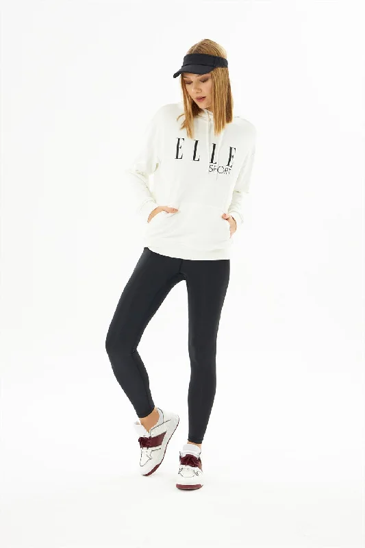 Angelino Sport Black Printed Pocket Woman Hooded Sweatshirt Hoodie with V-Neck Classic Versatile