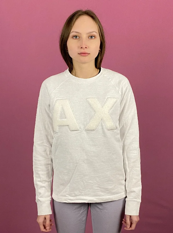 Armani Exchange Vintage Women's Sweatshirt - S White Cotton Hoodie with Frayed Bohemian Relaxed