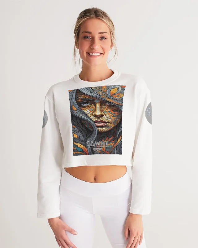 Beautiful Mosaic White Sister  Women's All-Over Print Cropped Sweatshirt Hoodie with Drop Shoulder Relaxed Streetwear