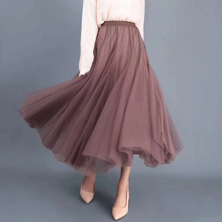 Big swing bouffant ankle-length skirt, high waist slim fairy skirt, net gauze skirt A-line skirt  3690 midi skirt versatile