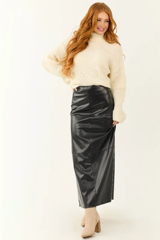 Black Faux Leather Slit Maxi Skirt linen skirt airy
