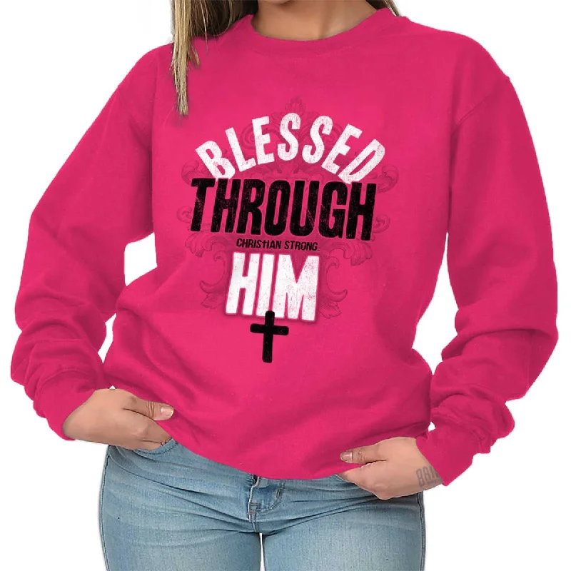 Blessed Through Him Crewneck Sweatshirt Hoodie with Exposed Zipper Edgy Industrial