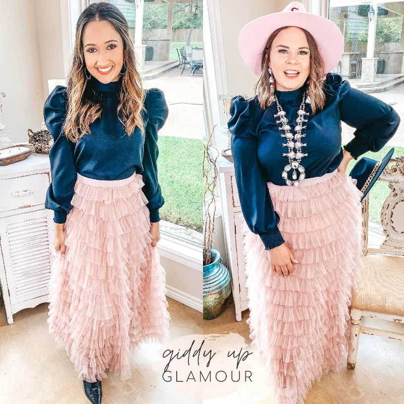 Warm Wishes Ruffle Tulle Maxi Skirt in Blush Pink modal blend skirt