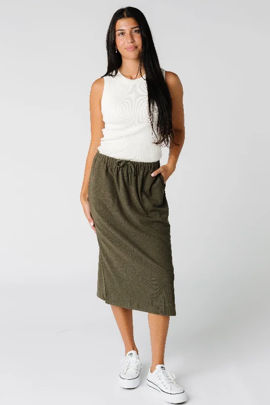 Brass & Roe Ribbed Drawstring Pocket Skirt - Olive linen skirt breathable
