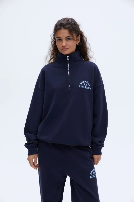 Campus Oversized Funnel Neck Zip Sweatshirt - Navy Blue/Powder Blue Hoodie with Tie-Dye Psychedelic Retro