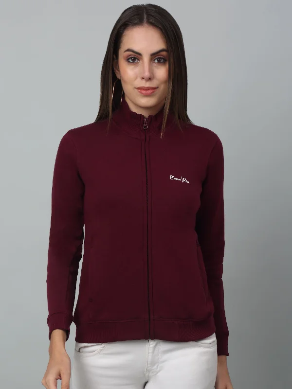 Women's Casual  Wine Regular Full Sleeve Zipthru  Sweatshirt Hoodie with Hem Contrast Bold Stylish