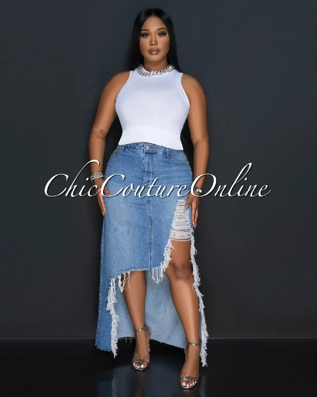 Caracas Light Blue Denim Distressed Fringe Maxi Skirt slim fit skirt