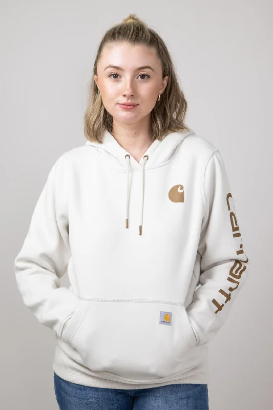 Carhartt Logo Sleeve Midweight Hoodie for Women in White | 102791-W24 Hoodie with Hem Ribbing Snug Secure Carhartt Logo Sleeve Midweight Hoodie for Women in White | 102791-W24 Hoodie with Hem Ribbing Snug Secure