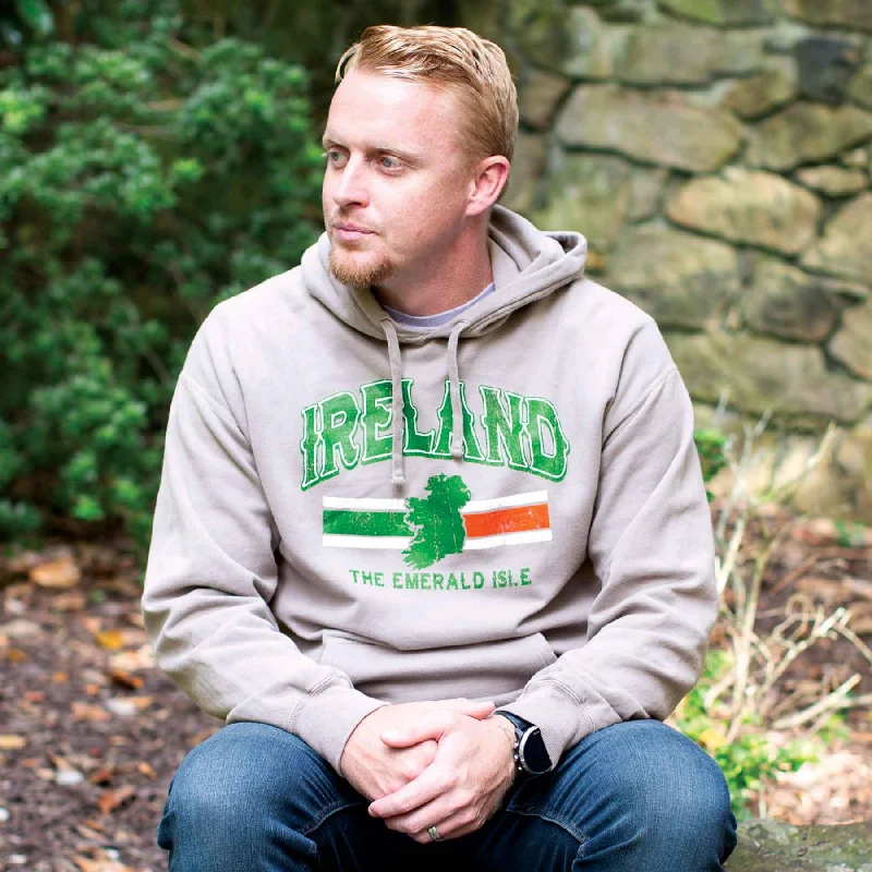 Ireland Hoodie with Ireland Flag Colors- Grey Hoodie with Embroidery Detailed Premium