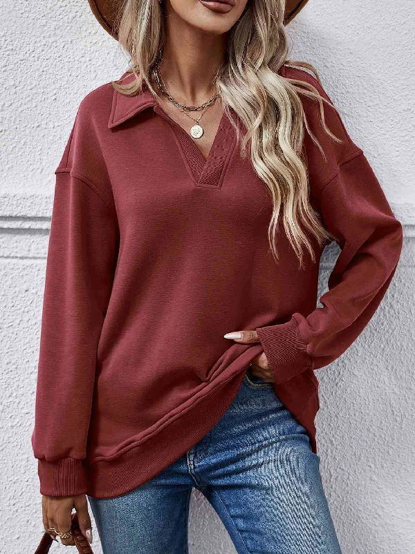 Collared Neck Dropped Shoulder Sweatshirt Hoodie with Velcro Closure Adjustable Secure Collared Neck Dropped Shoulder Sweatshirt Hoodie with Velcro Closure Adjustable Secure