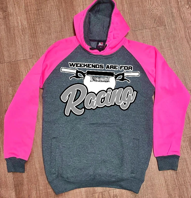 Weekends are for RACING Neon Pink/grey Hoodie Hoodie with Button Placket Classic Preppy