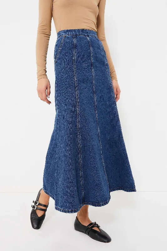 Dark Wash Denim Midi Skirt high slit skirt