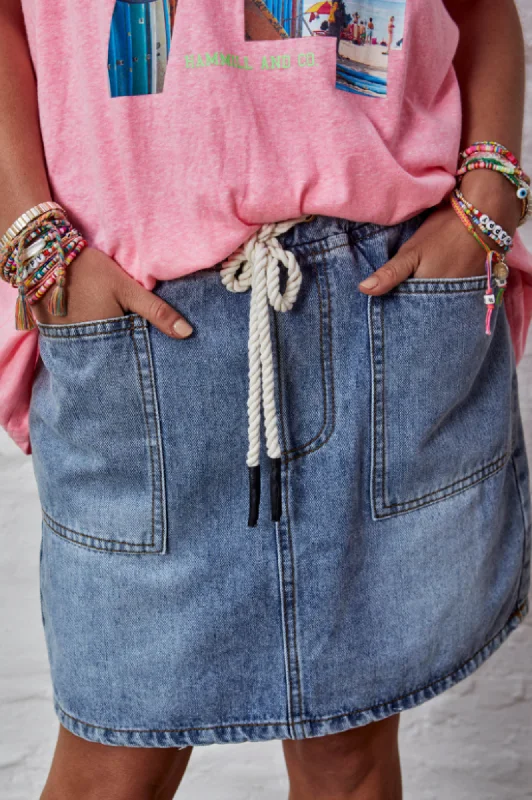 Denim Skirt With Elastic Waist - Blue mini skirt trendy