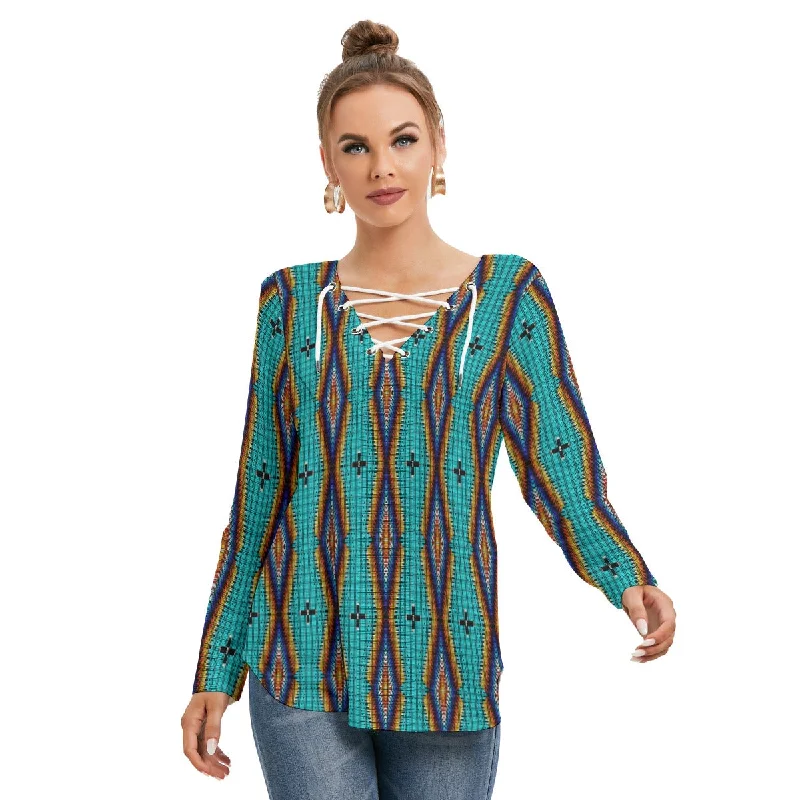 Diamond in the Bluff Turquoise Women's Long Sleeve Neckline Tie Sweatshirt Hoodie with Hem Contrast Bold Stylish