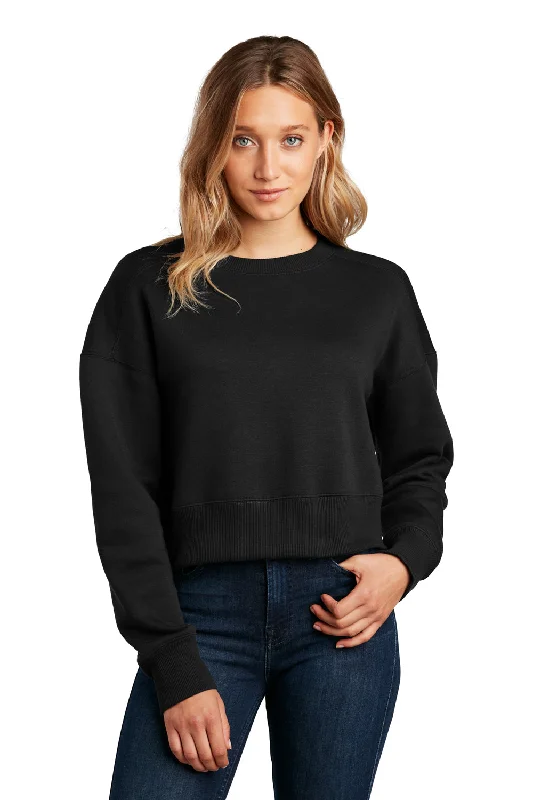 District Womens Perfect Weight Fleece Cropped Crewneck Sweatshirt - Jet Black Hoodie with Hem Elastic Stretchable Comfortable