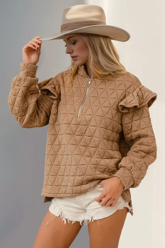 Double Take Ruffled Texture Half Zip Long Sleeve Sweatshirt Hoodie with Hem Detail Decorative Unique Double Take Ruffled Texture Half Zip Long Sleeve Sweatshirt Hoodie with Hem Detail Decorative Unique