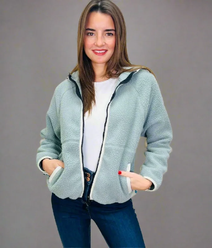 Duck Egg Hooded Sherpa Fleece Top Hoodie with Contrast Stitching Detailed Premium