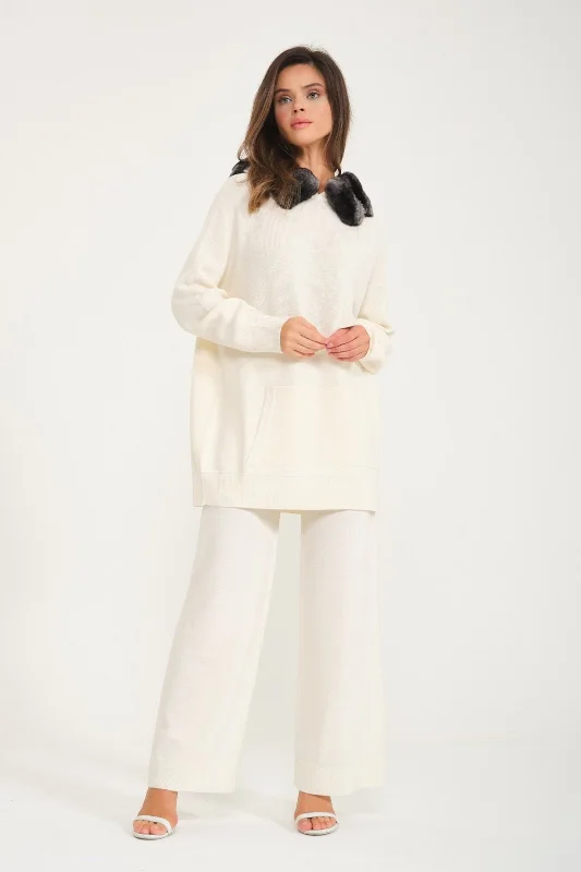 Ecru Chinchilla Fur Lined Wool Hoodie & Pants Set Hoodie with Button Classic Timeless Ecru Chinchilla Fur Lined Wool Hoodie & Pants Set Hoodie with Button Classic Timeless