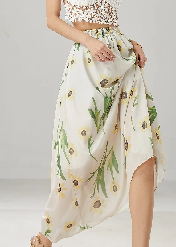 Elegant White Bamboo Print Linen Skirts Summer midi skirt versatile