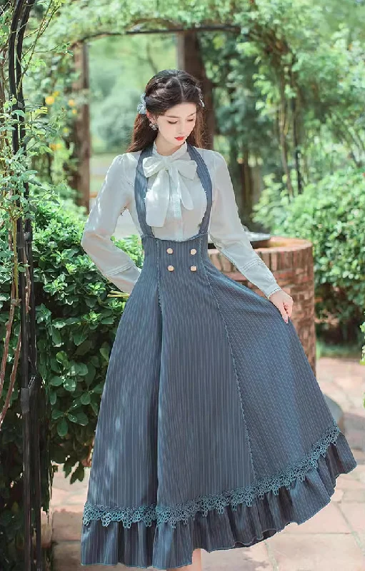 Evergarden Stripe Suspender Skirt & Blouse (Blue) midi skirt versatile