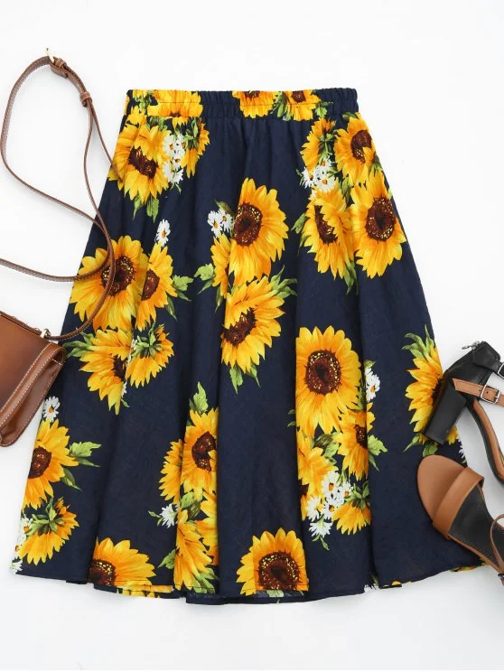 Fashion Sunflower Print High Waist Skirt denim skirt classic