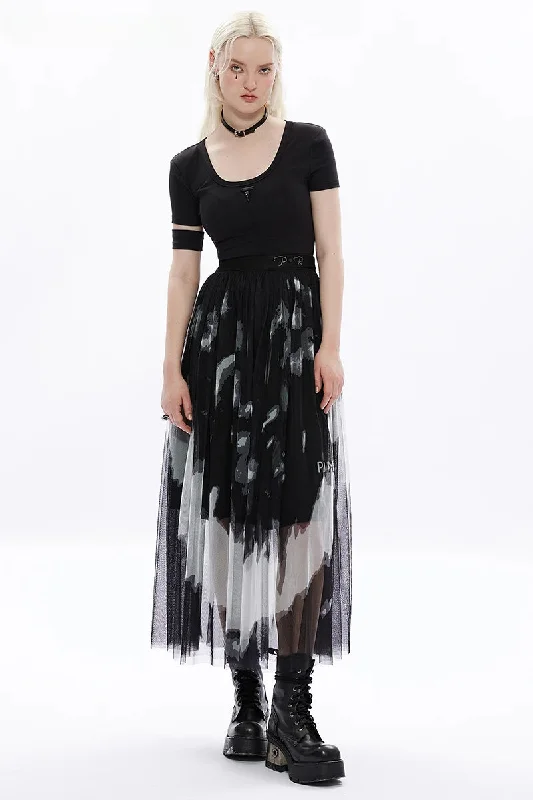 Women's Daily Tie Dyed Gauze Letter Embroidery Logo Rivet At Waist Fashion Girl Mid-length Skirt leather skirt sleek