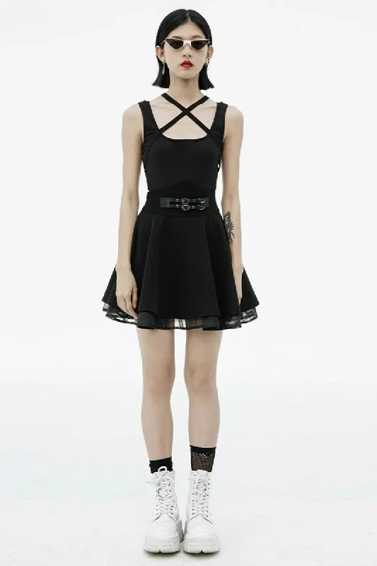 Women's Nicola Series Dark High Waist Sun Swing Style Twill Woven Spliced Black Skirt summer skirt style