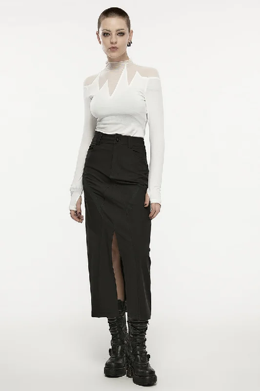Women's Daily V-shaped Front Slit A-line Mid-length Metal Engraved Snap Button Dark Skirt denim skirt casual