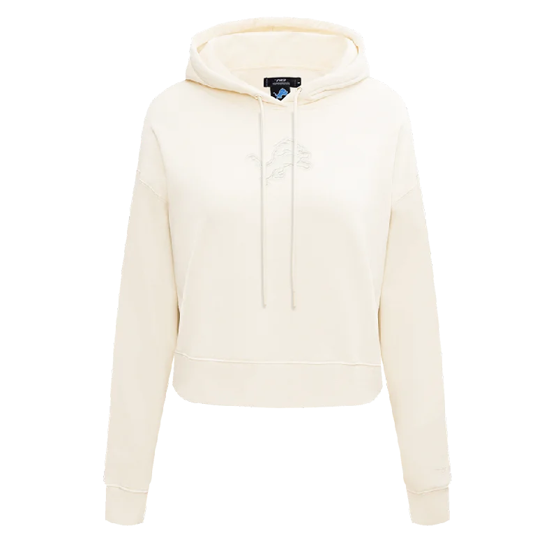 NFL DETROIT LIONS NEUTRAL WOMEN'S CROPPED PO HOODIE (EGGSHELL) Hoodie with Hem Fringe Bohemian Relaxed