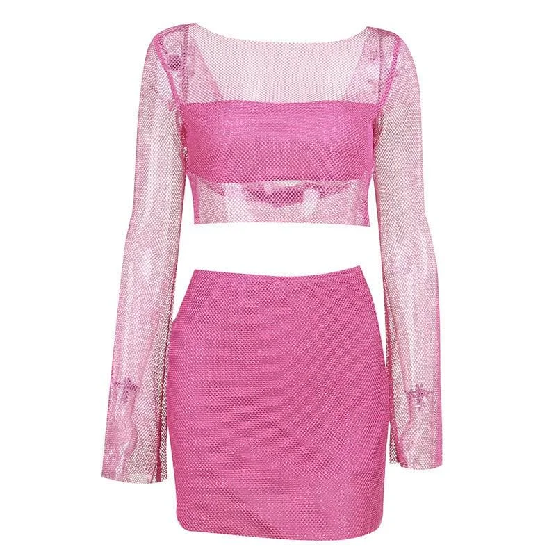 Fishnet long sleeve backless solid mini skirt set corduroy skirt durable