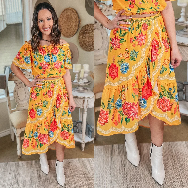 Flock To Paradise Floral Print Wrap Skirt in Yellow wool skirt sturdy
