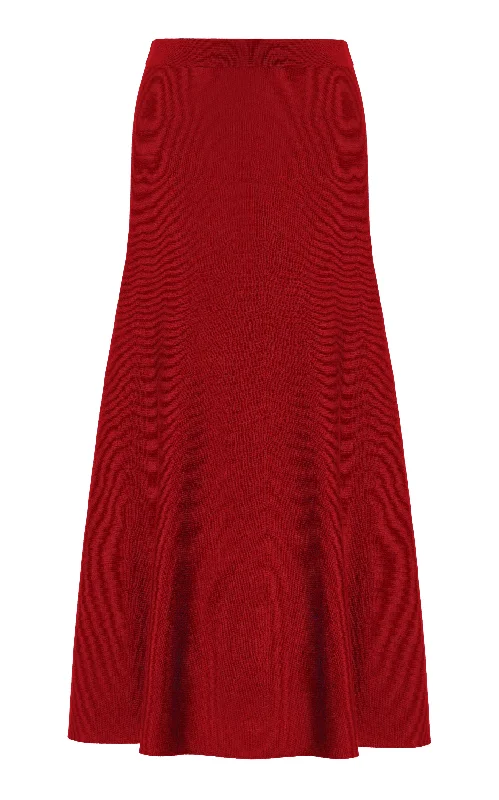 Freddie Knit Midi Skirt in Scarlet Red Merino Wool Cashmere lace skirt intricate