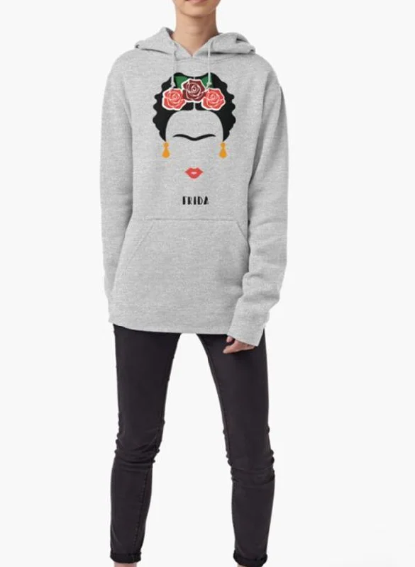 Frida Khalo Face WOMEN HOODIE GRAY Hoodie with Sequins Glamorous Eye-catching