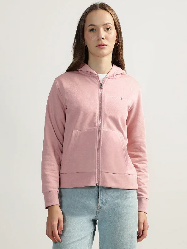 Gant Women Pink Solid Hooded Full Sleeves Front-open Sweatshirt Hoodie with Pattern Geometric Abstract