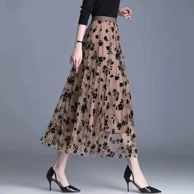 Gauze Skirt Female Floral Fairy Skirt Pleated A-line Skirt Mid-length High Waist Slimming Mesh Skirt Women's Skirt lace skirt intricate