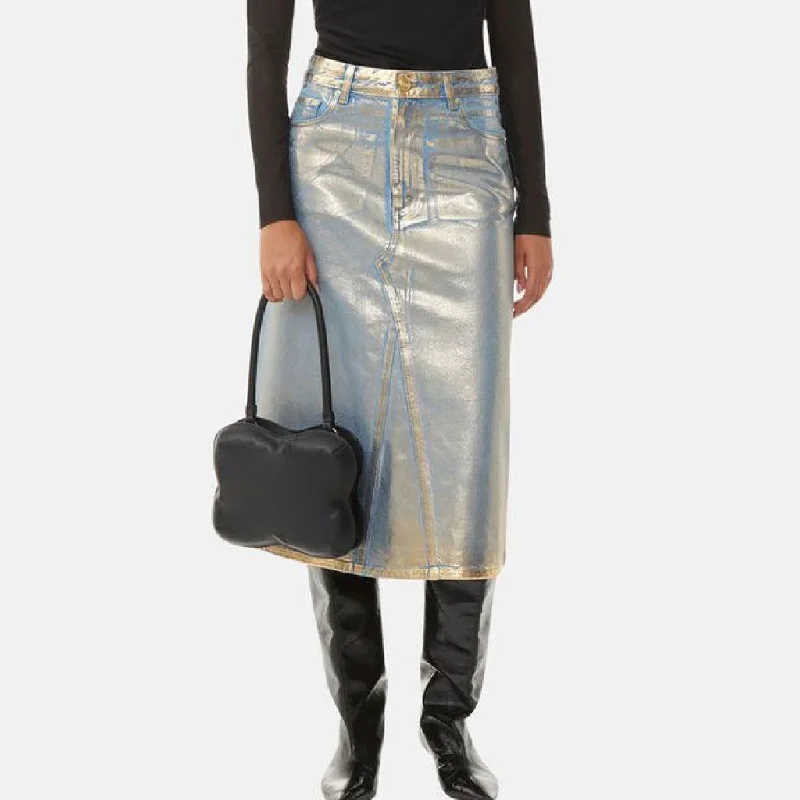 Glossy Minimalist Denim Skirt button skirt front