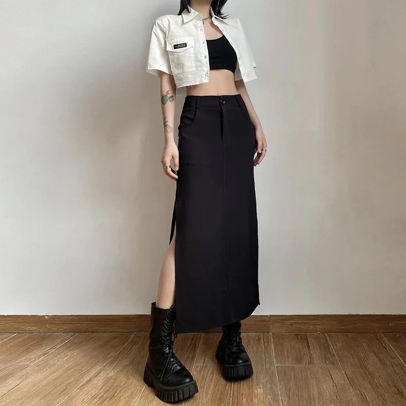 Goth Dark Streetwear Black Y2k Cargo Midi Grunge Gothic Split Sexy High Waist Skirt linen skirt light