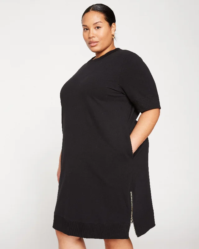 Grace Short Sleeve Sweatshirt Dress - Black Hoodie with Hem Detail Decorative Unique